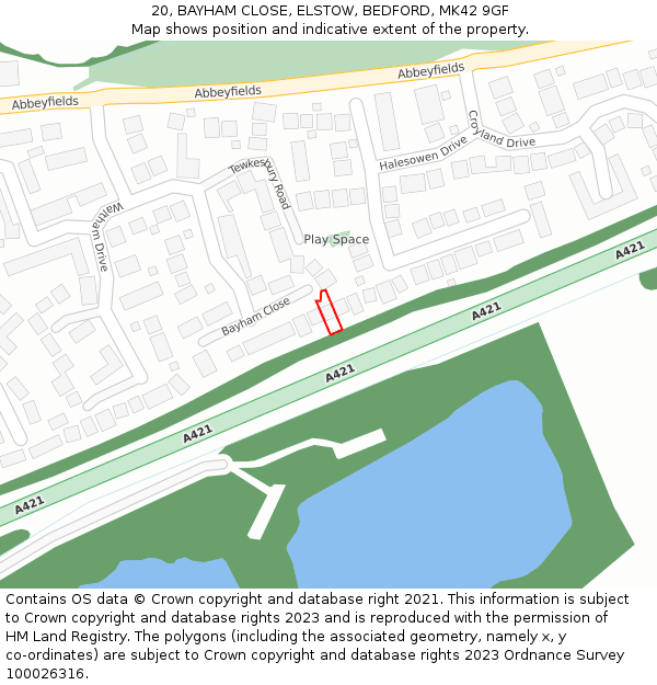 20, BAYHAM CLOSE, ELSTOW, BEDFORD, MK42 9GF: Location map and indicative extent of plot