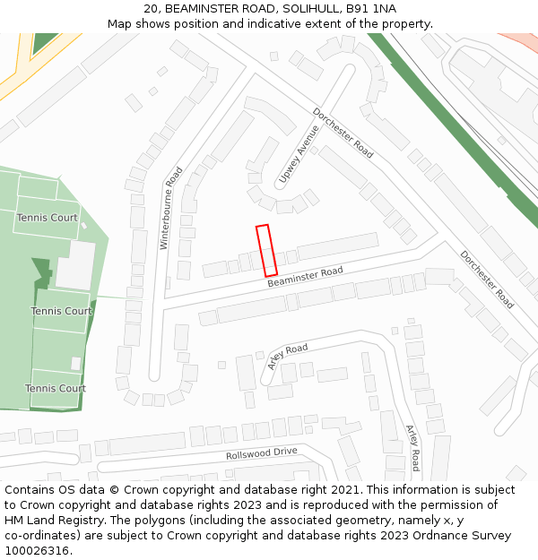 20, BEAMINSTER ROAD, SOLIHULL, B91 1NA: Location map and indicative extent of plot
