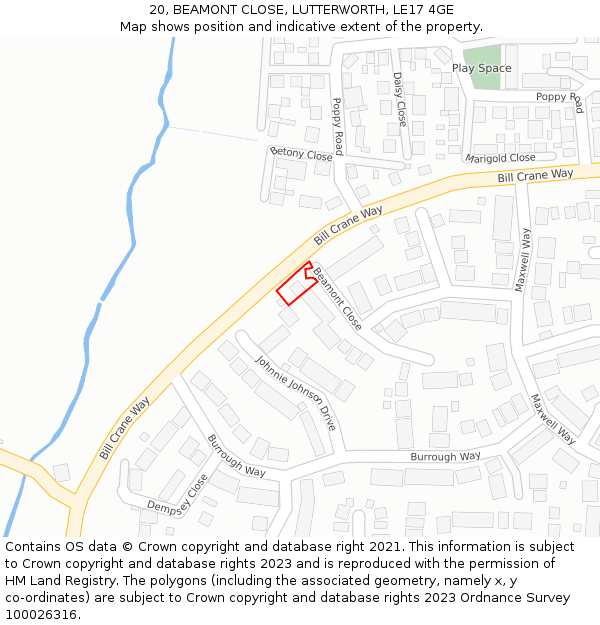 20, BEAMONT CLOSE, LUTTERWORTH, LE17 4GE: Location map and indicative extent of plot