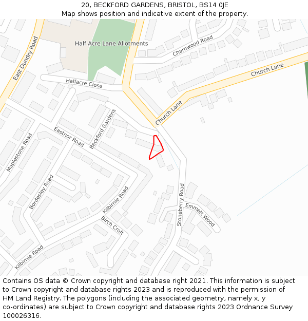 20, BECKFORD GARDENS, BRISTOL, BS14 0JE: Location map and indicative extent of plot
