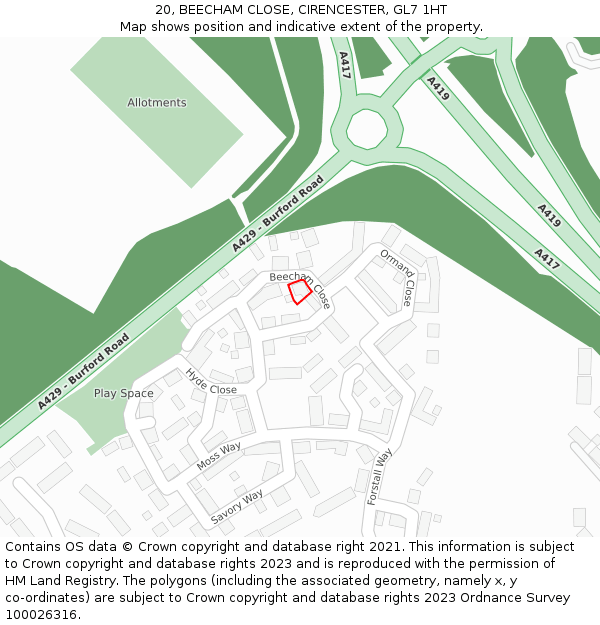 20, BEECHAM CLOSE, CIRENCESTER, GL7 1HT: Location map and indicative extent of plot