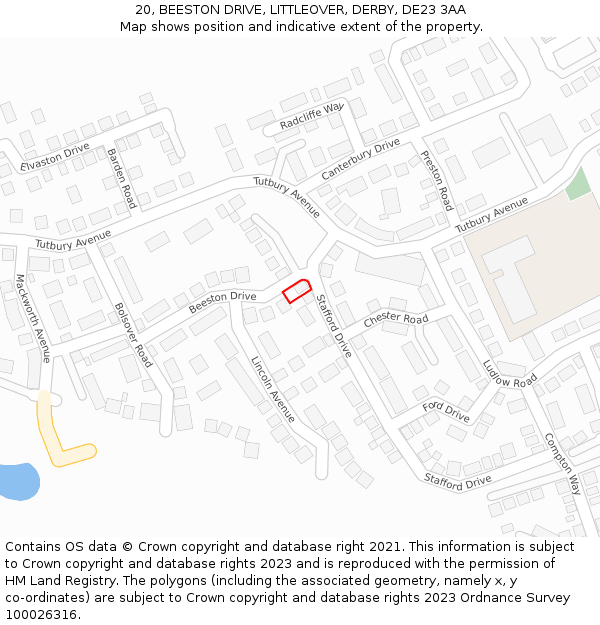20, BEESTON DRIVE, LITTLEOVER, DERBY, DE23 3AA: Location map and indicative extent of plot