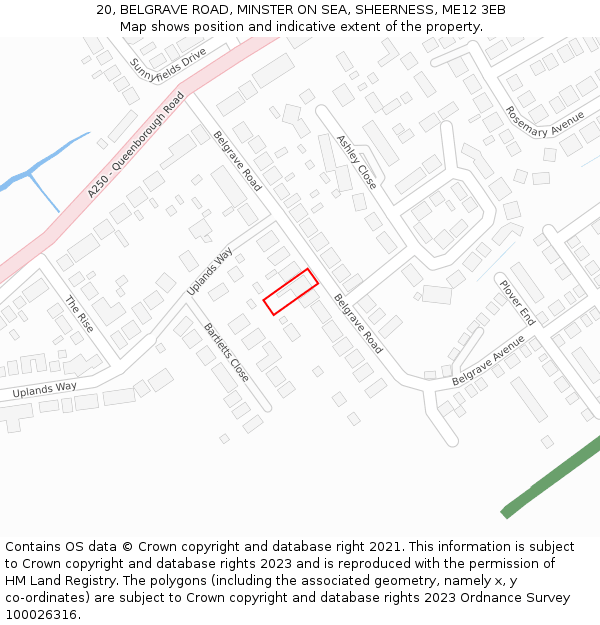 20, BELGRAVE ROAD, MINSTER ON SEA, SHEERNESS, ME12 3EB: Location map and indicative extent of plot