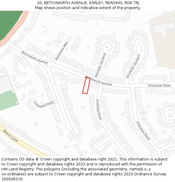 20, BETCHWORTH AVENUE, EARLEY, READING, RG6 7RJ: Location map and indicative extent of plot