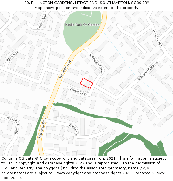 20, BILLINGTON GARDENS, HEDGE END, SOUTHAMPTON, SO30 2RY: Location map and indicative extent of plot