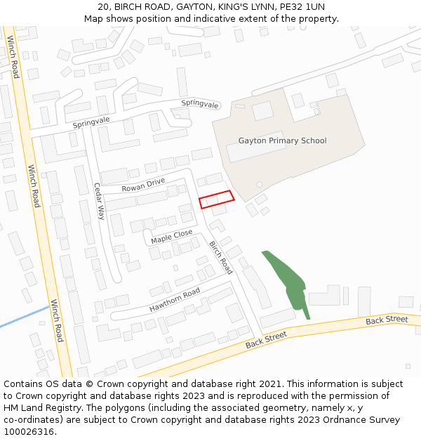 20, BIRCH ROAD, GAYTON, KING'S LYNN, PE32 1UN: Location map and indicative extent of plot