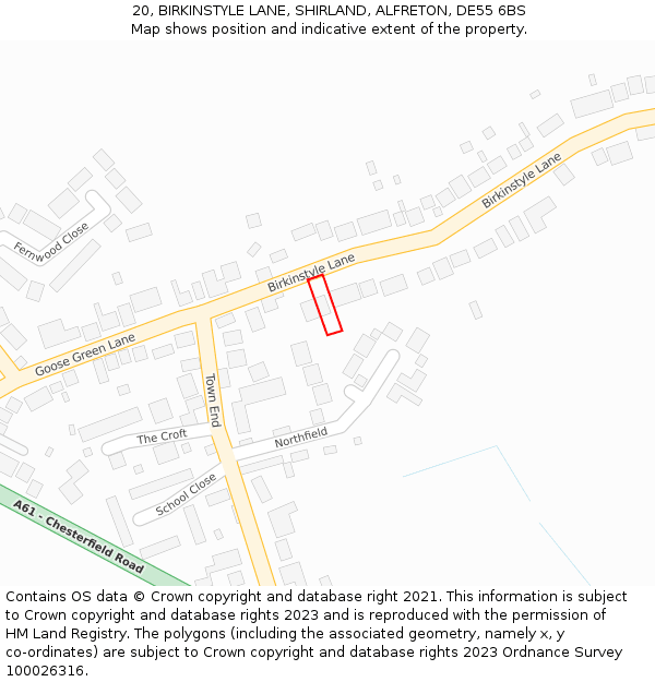 20, BIRKINSTYLE LANE, SHIRLAND, ALFRETON, DE55 6BS: Location map and indicative extent of plot