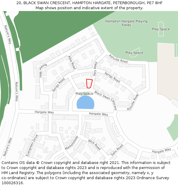 20, BLACK SWAN CRESCENT, HAMPTON HARGATE, PETERBOROUGH, PE7 8HF: Location map and indicative extent of plot