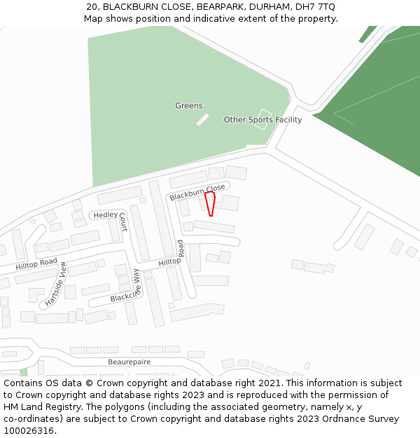 20, BLACKBURN CLOSE, BEARPARK, DURHAM, DH7 7TQ: Location map and indicative extent of plot