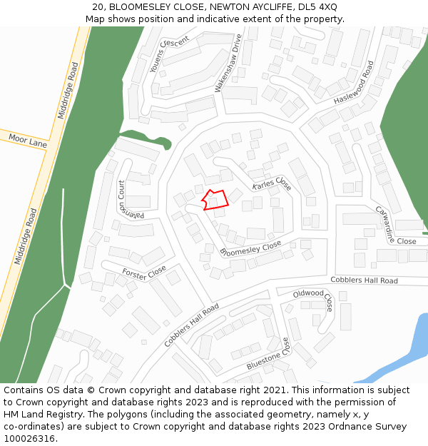 20, BLOOMESLEY CLOSE, NEWTON AYCLIFFE, DL5 4XQ: Location map and indicative extent of plot