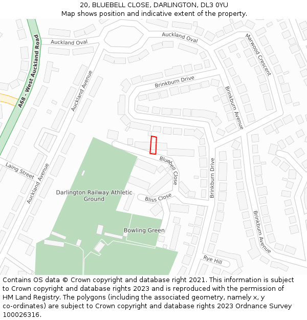 20, BLUEBELL CLOSE, DARLINGTON, DL3 0YU: Location map and indicative extent of plot