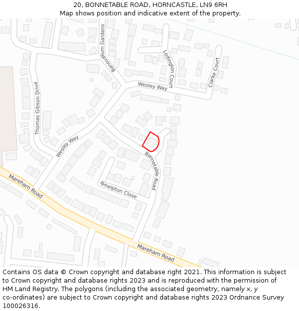 20, BONNETABLE ROAD, HORNCASTLE, LN9 6RH: Location map and indicative extent of plot
