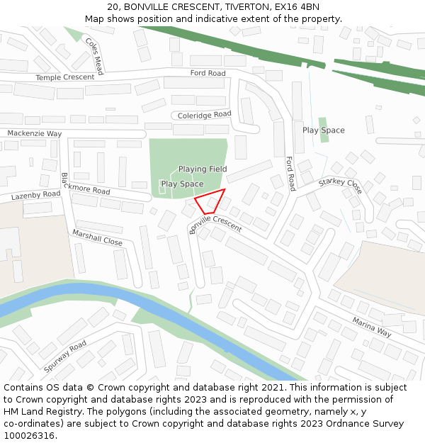 20, BONVILLE CRESCENT, TIVERTON, EX16 4BN: Location map and indicative extent of plot