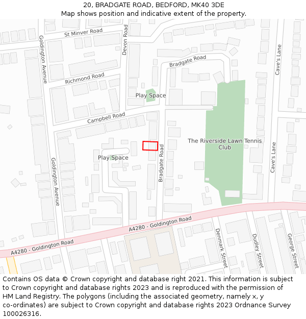 20, BRADGATE ROAD, BEDFORD, MK40 3DE: Location map and indicative extent of plot