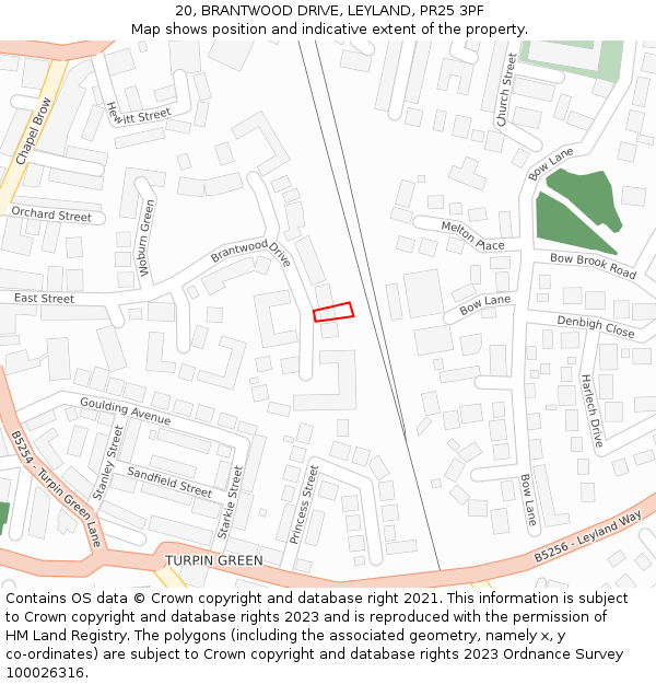 20, BRANTWOOD DRIVE, LEYLAND, PR25 3PF: Location map and indicative extent of plot