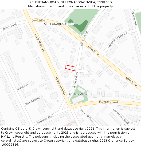 20, BRITTANY ROAD, ST LEONARDS-ON-SEA, TN38 0RD: Location map and indicative extent of plot