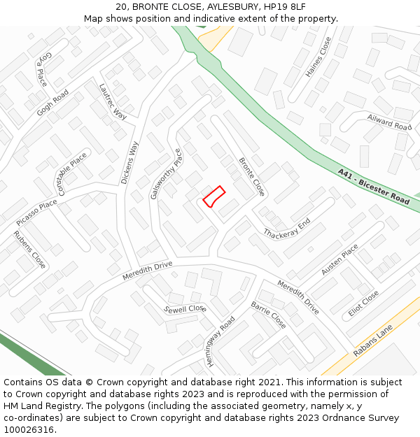 20, BRONTE CLOSE, AYLESBURY, HP19 8LF: Location map and indicative extent of plot