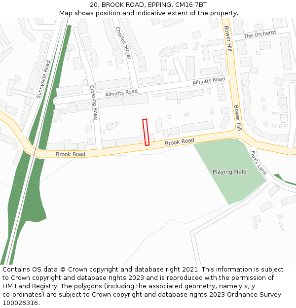 20, BROOK ROAD, EPPING, CM16 7BT: Location map and indicative extent of plot