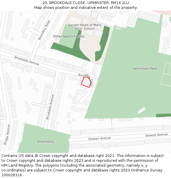20, BROOKDALE CLOSE, UPMINSTER, RM14 2LU: Location map and indicative extent of plot