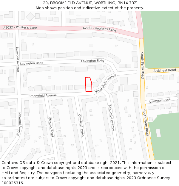 20, BROOMFIELD AVENUE, WORTHING, BN14 7RZ: Location map and indicative extent of plot
