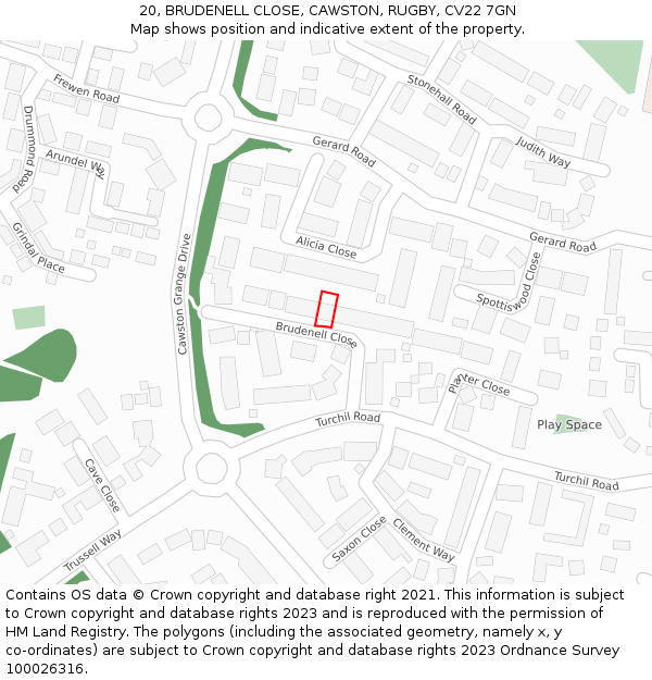 20, BRUDENELL CLOSE, CAWSTON, RUGBY, CV22 7GN: Location map and indicative extent of plot