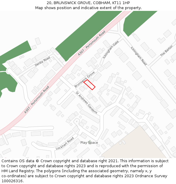 20, BRUNSWICK GROVE, COBHAM, KT11 1HP: Location map and indicative extent of plot