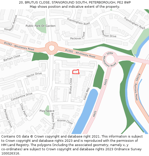 20, BRUTUS CLOSE, STANGROUND SOUTH, PETERBOROUGH, PE2 8WP: Location map and indicative extent of plot