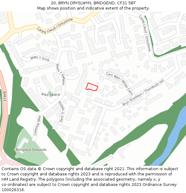 20, BRYN DRYSLWYN, BRIDGEND, CF31 5BT: Location map and indicative extent of plot