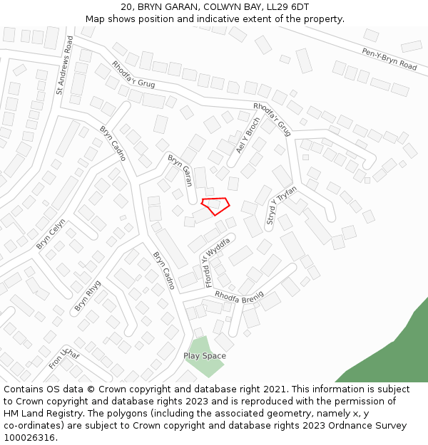 20, BRYN GARAN, COLWYN BAY, LL29 6DT: Location map and indicative extent of plot