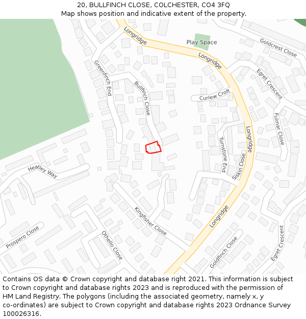 20, BULLFINCH CLOSE, COLCHESTER, CO4 3FQ: Location map and indicative extent of plot
