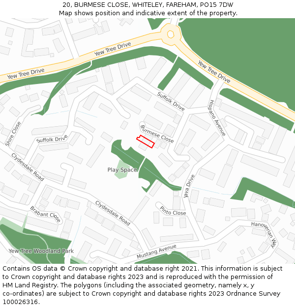 20, BURMESE CLOSE, WHITELEY, FAREHAM, PO15 7DW: Location map and indicative extent of plot