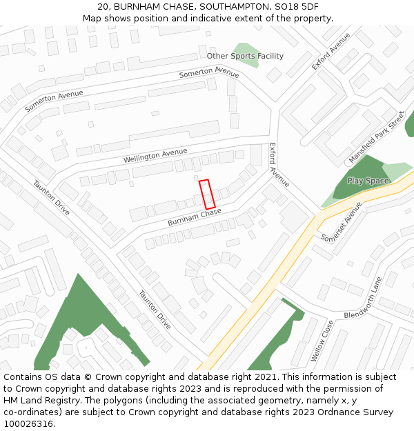 20, BURNHAM CHASE, SOUTHAMPTON, SO18 5DF: Location map and indicative extent of plot