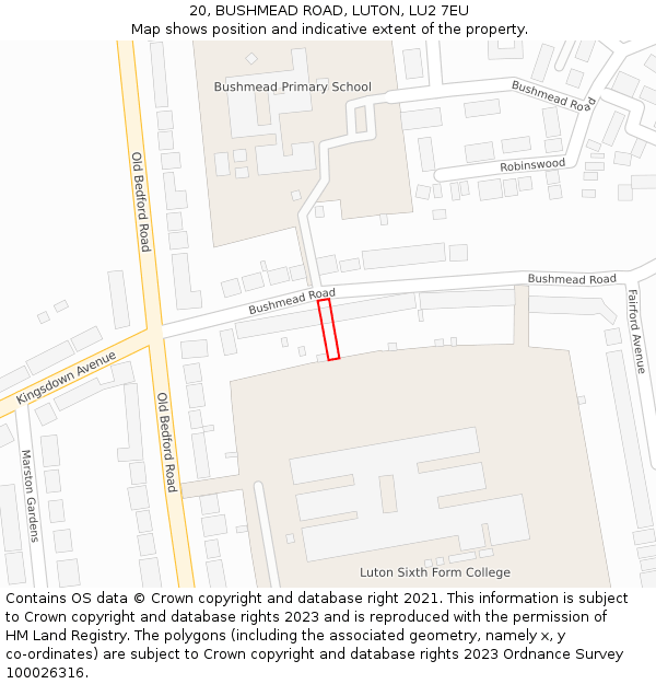20, BUSHMEAD ROAD, LUTON, LU2 7EU: Location map and indicative extent of plot