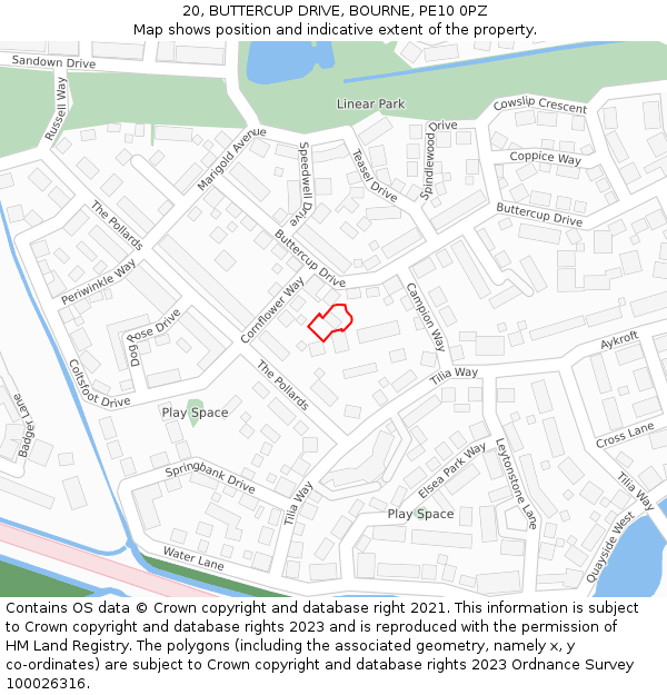 20, BUTTERCUP DRIVE, BOURNE, PE10 0PZ: Location map and indicative extent of plot