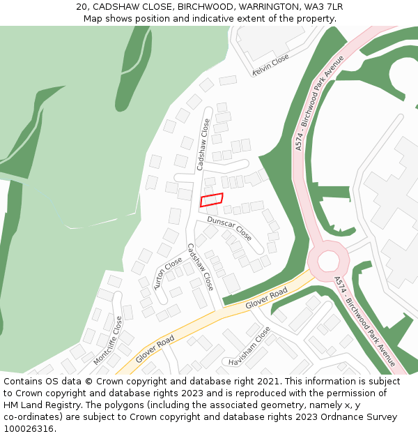 20, CADSHAW CLOSE, BIRCHWOOD, WARRINGTON, WA3 7LR: Location map and indicative extent of plot