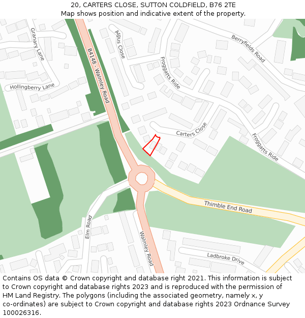20, CARTERS CLOSE, SUTTON COLDFIELD, B76 2TE: Location map and indicative extent of plot