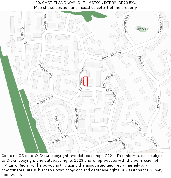 20, CASTLELAND WAY, CHELLASTON, DERBY, DE73 5XU: Location map and indicative extent of plot