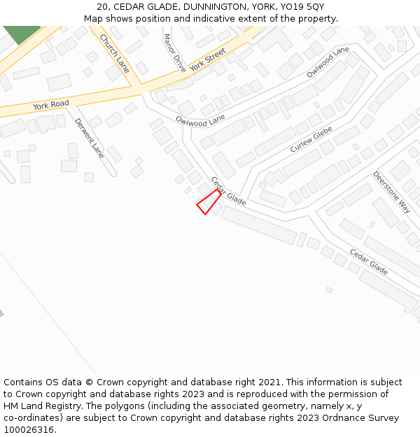 20, CEDAR GLADE, DUNNINGTON, YORK, YO19 5QY: Location map and indicative extent of plot