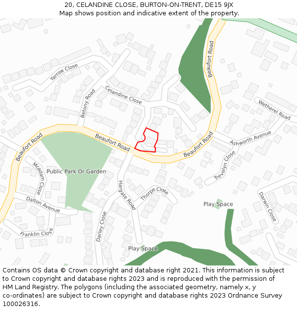 20, CELANDINE CLOSE, BURTON-ON-TRENT, DE15 9JX: Location map and indicative extent of plot