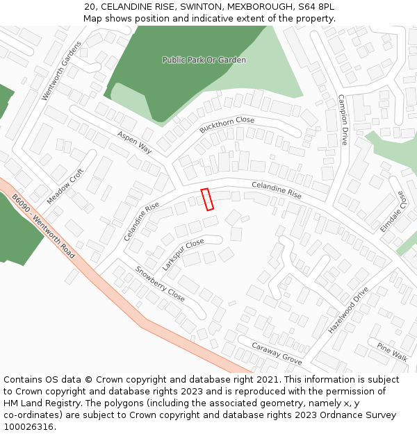 20, CELANDINE RISE, SWINTON, MEXBOROUGH, S64 8PL: Location map and indicative extent of plot