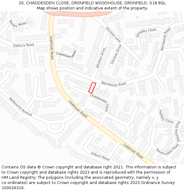 20, CHADDESDEN CLOSE, DRONFIELD WOODHOUSE, DRONFIELD, S18 8QL: Location map and indicative extent of plot