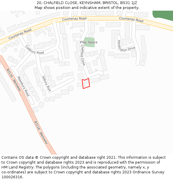 20, CHALFIELD CLOSE, KEYNSHAM, BRISTOL, BS31 1JZ: Location map and indicative extent of plot