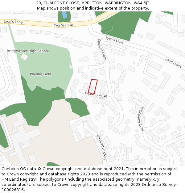20, CHALFONT CLOSE, APPLETON, WARRINGTON, WA4 5JT: Location map and indicative extent of plot