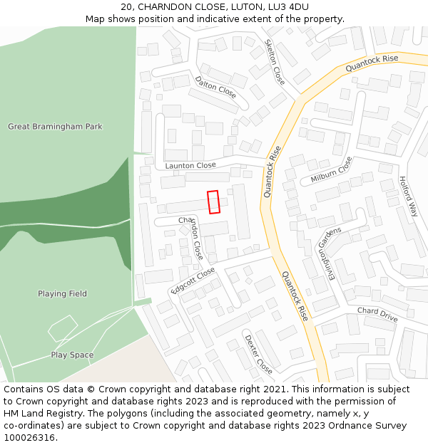 20, CHARNDON CLOSE, LUTON, LU3 4DU: Location map and indicative extent of plot