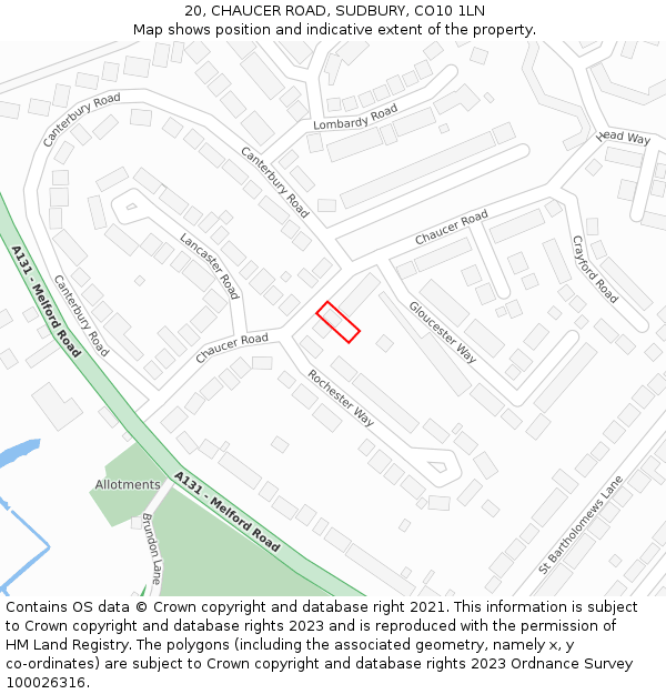 20, CHAUCER ROAD, SUDBURY, CO10 1LN: Location map and indicative extent of plot