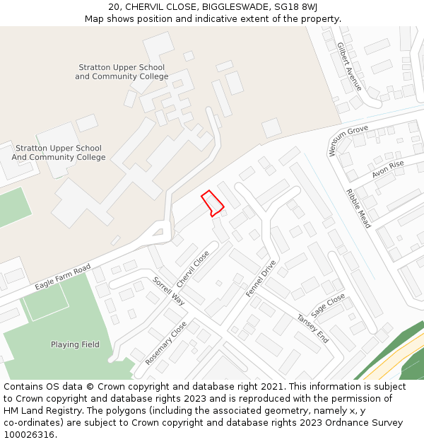 20, CHERVIL CLOSE, BIGGLESWADE, SG18 8WJ: Location map and indicative extent of plot