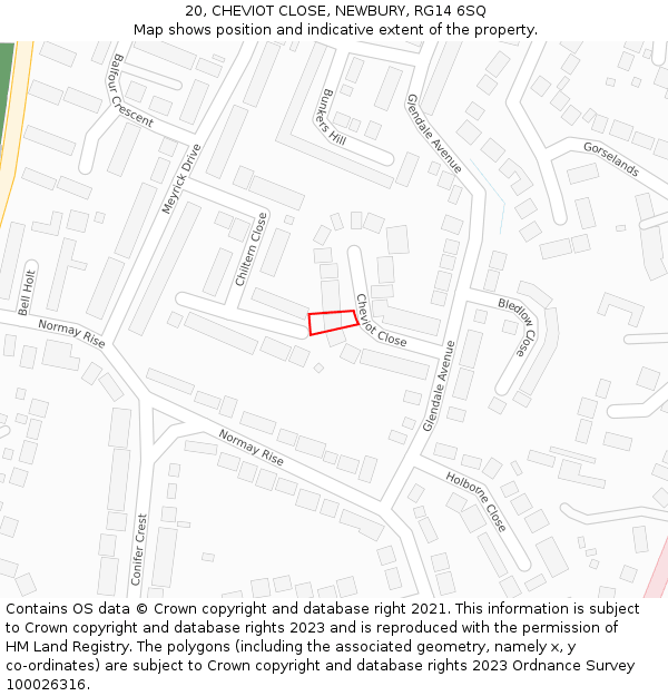 20, CHEVIOT CLOSE, NEWBURY, RG14 6SQ: Location map and indicative extent of plot