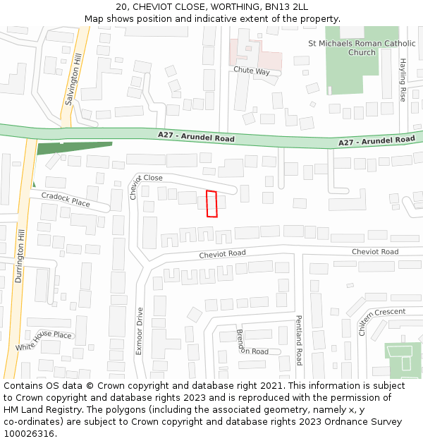 20, CHEVIOT CLOSE, WORTHING, BN13 2LL: Location map and indicative extent of plot