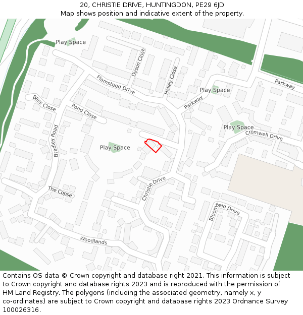 20, CHRISTIE DRIVE, HUNTINGDON, PE29 6JD: Location map and indicative extent of plot