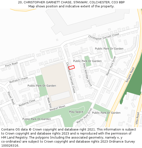 20, CHRISTOPHER GARNETT CHASE, STANWAY, COLCHESTER, CO3 8BP: Location map and indicative extent of plot